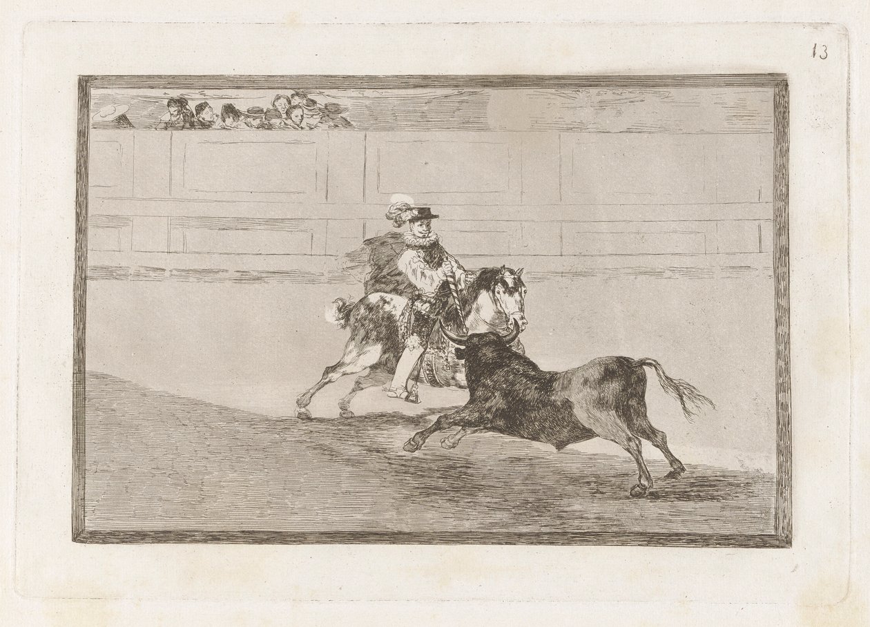 Ein spanischer Ritter in der Arena, der kurze Speere ohne Hilfe der Assistenten bricht, Platte 13 aus La tauromaquia von Francisco de Goya