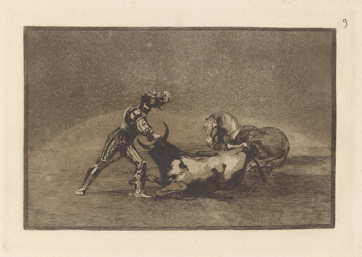 Ein spanischer Ritter tötet den Stier, nachdem er sein Pferd verloren hat, Platte 9 aus La tauromaquia von Francisco de Goya