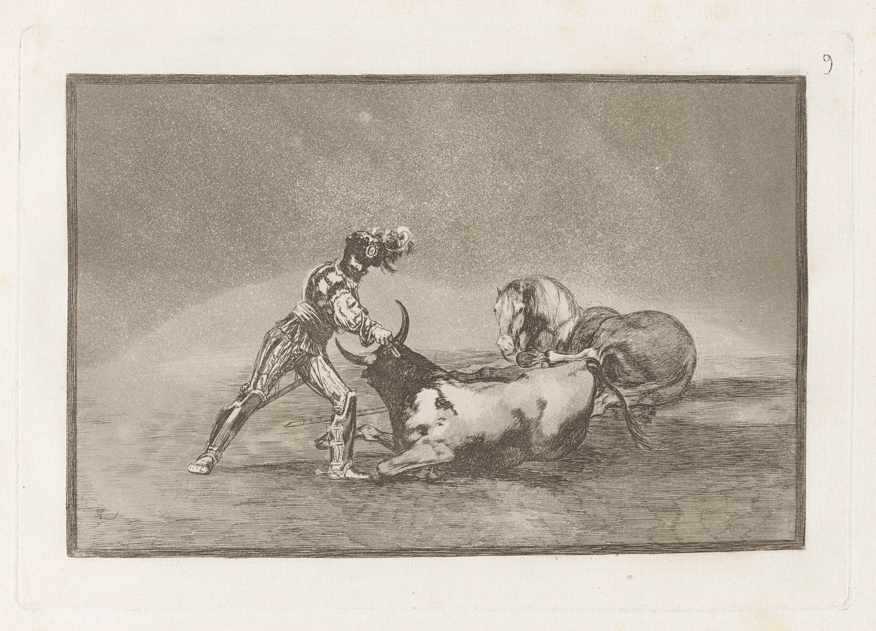 Ein spanischer Ritter tötet den Stier, nachdem er sein Pferd verloren hat, Platte 9 aus La tauromaquia von Francisco de Goya
