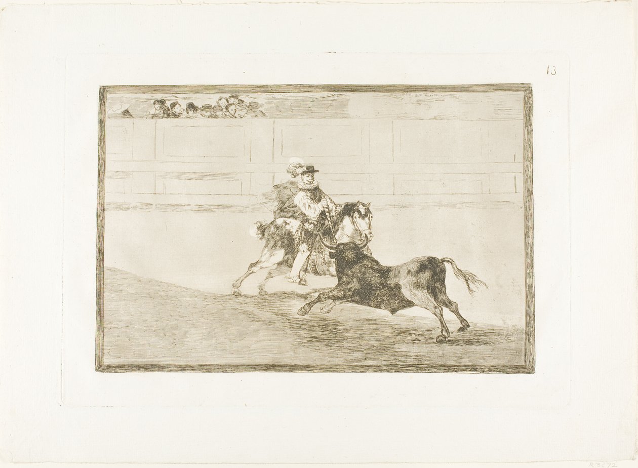 Ein spanischer berittener Ritter im Ring, der kurze Speere ohne Hilfe von Assistenten bricht, Platte 13 aus Die Kunst des Stierkampfs von Francisco Jose de Goya y Lucientes