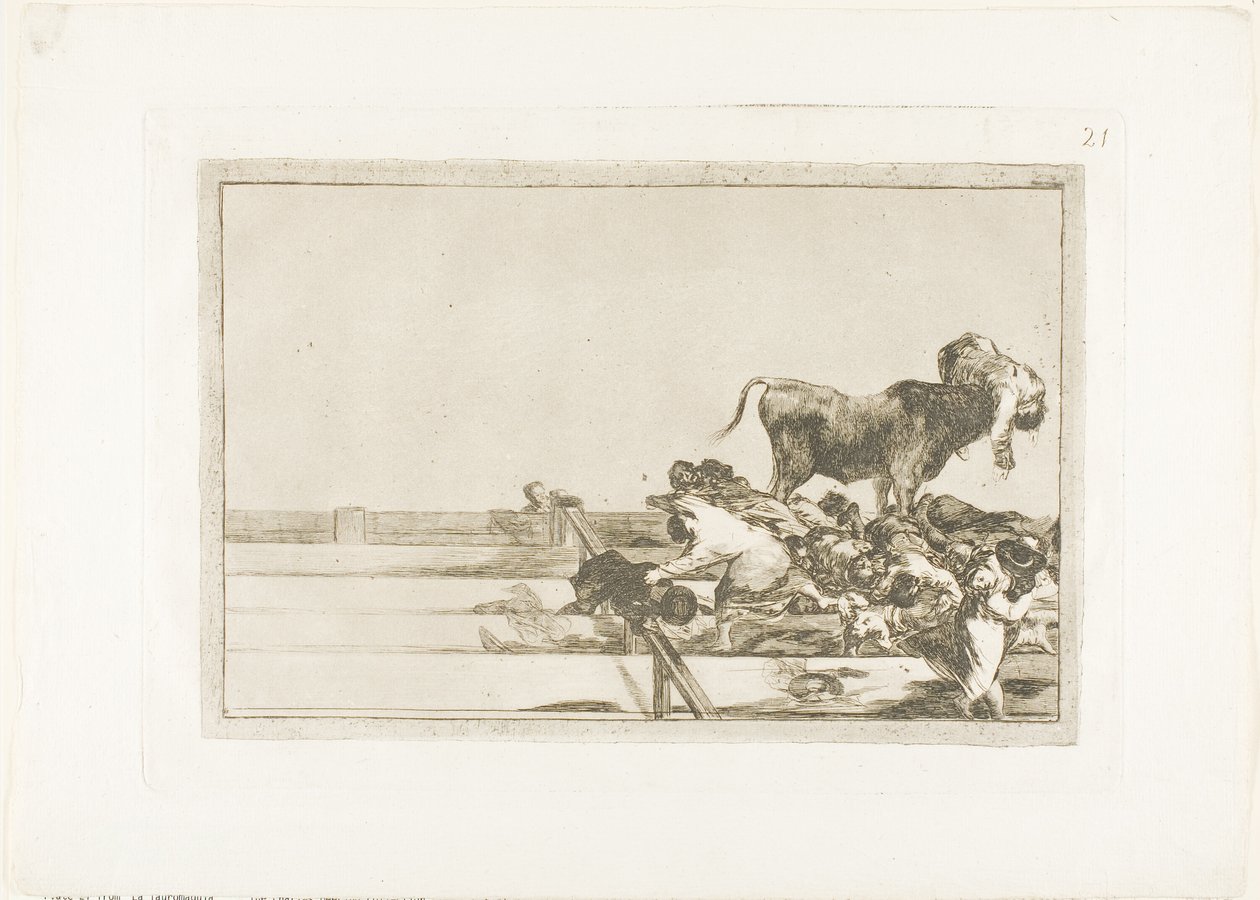 Schreckliche Ereignisse in den vorderen Reihen des Rings in Madrid und Tod des Bürgermeisters von Torrejón, Platte 21 aus Die Kunst des Stierkampfs von Francisco Jose de Goya y Lucientes