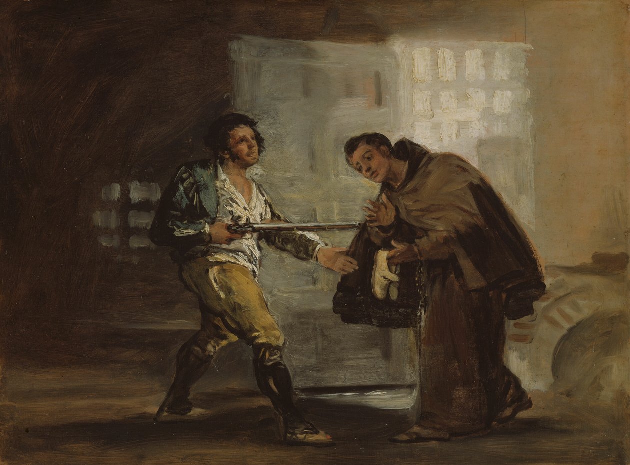 Bruder Pedro bietet El Maragato Schuhe an und bereitet sich darauf vor, seine Waffe beiseite zu schieben von Francisco Jose de Goya y Lucientes