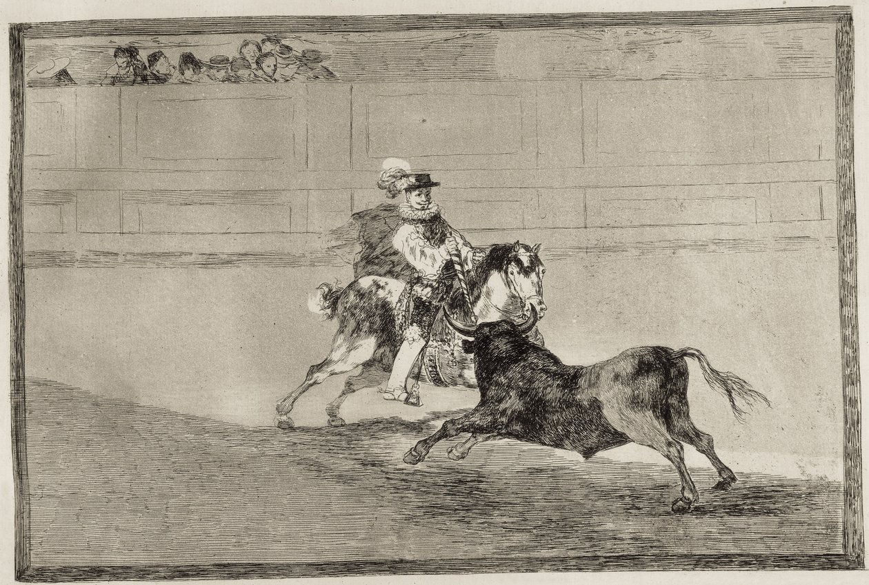 GOYA Y LUCIENTES, Francisco de (1746-1828). Ein spanischer Ritter im Ring, der ohne Hilfe von Assistenten kurze Speere bricht. 1816. Radierung. SPANIEN. MADRID (AUTONOME GEMEINSCHAFT). Madrid. Nationalbibliothek von Francisco Jose de Goya y Lucientes