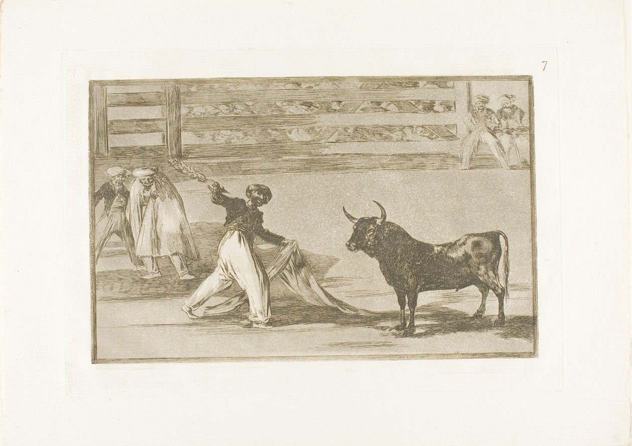 Ursprung der Harpunen oder Banderillas, Tafel sieben aus Die Kunst des Stierkampfs von Francisco Jose de Goya y Lucientes