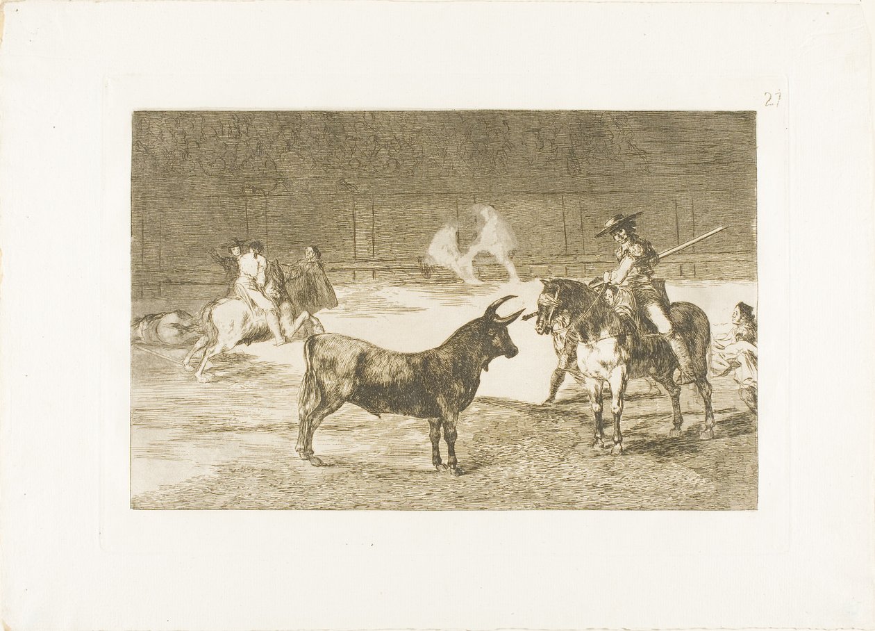 Der berühmte Picador, Fernando del Toro, zieht das wilde Tier mit seinem Pique an, Platte 27 aus Die Kunst des Stierkampfs von Francisco Jose de Goya y Lucientes