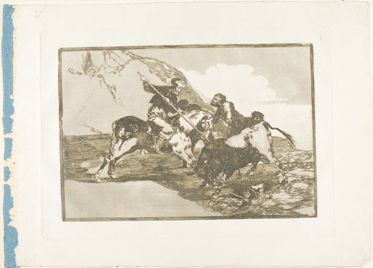 Die Art und Weise, wie die alten Spanier Stiere zu Pferd auf freiem Feld jagten, Platte eins aus Die Kunst des Stierkampfs von Francisco Jose de Goya y Lucientes