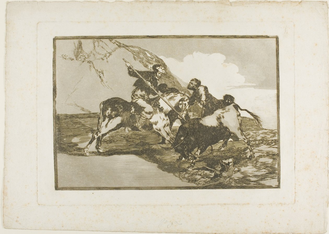 Die Art und Weise, wie die alten Spanier Stiere zu Pferd auf freiem Feld jagten, Platte eins aus Die Kunst des Stierkampfs von Francisco Jose de Goya y Lucientes