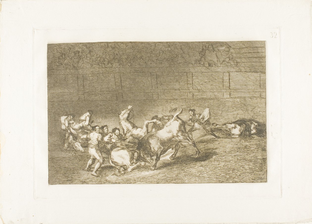 Zwei Teams von Picadors nacheinander von einem einzigen Stier geworfen, Platte 32 aus Die Kunst des Stierkampfs von Francisco Jose de Goya y Lucientes