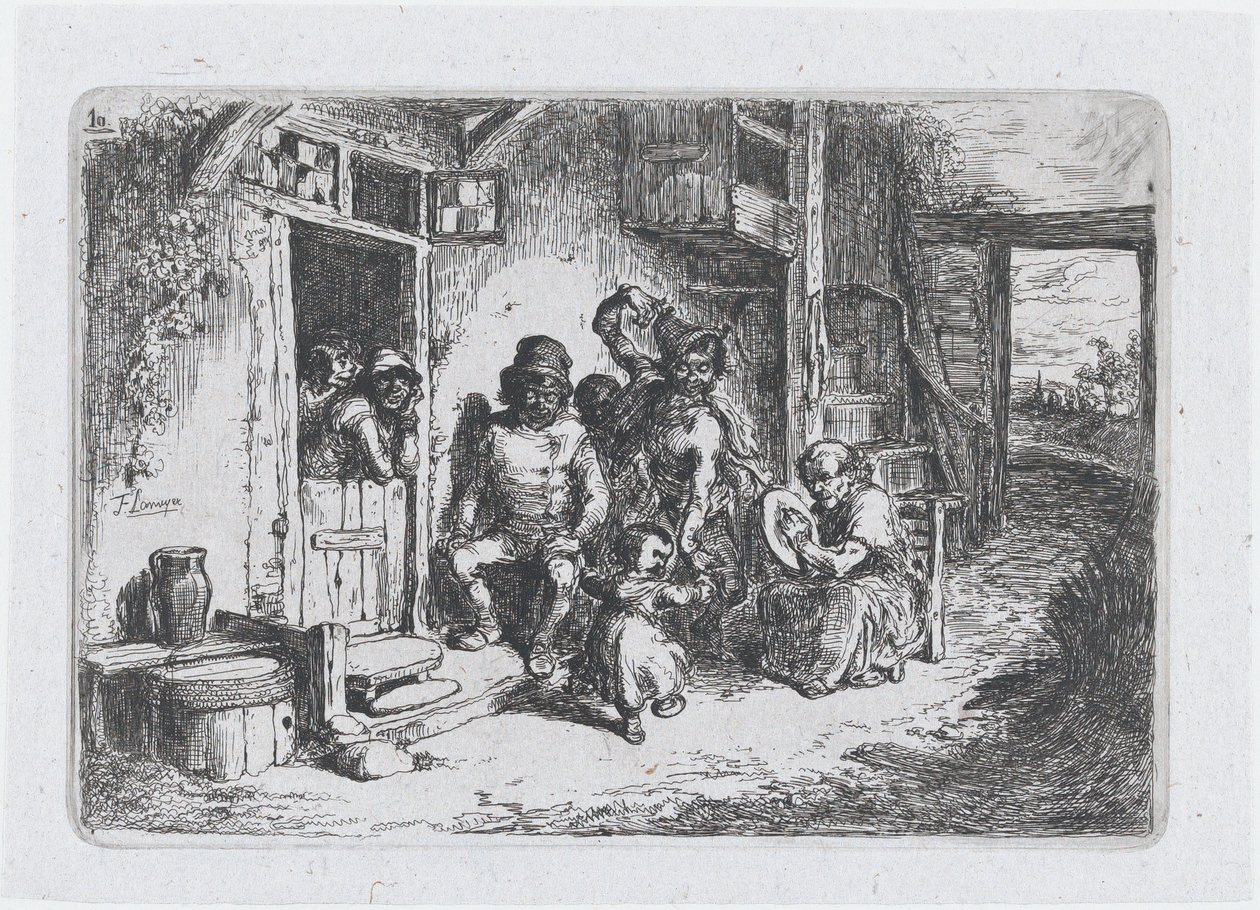 Tafel 10: zwei Figuren tanzen, eine andere sitzt und spielt eine Trommel, aus der Serie von Bräuchen von Francisco Lameyer Berenguer