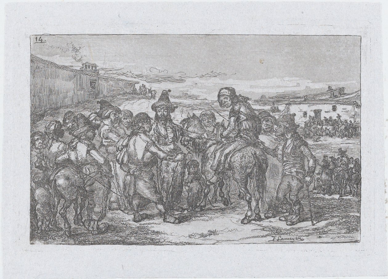 Tafel 14: eine große Gruppe von Menschen im Freien, möglicherweise eine Schauspielertruppe, aus der Serie von Francisco Lameyer Berenguer