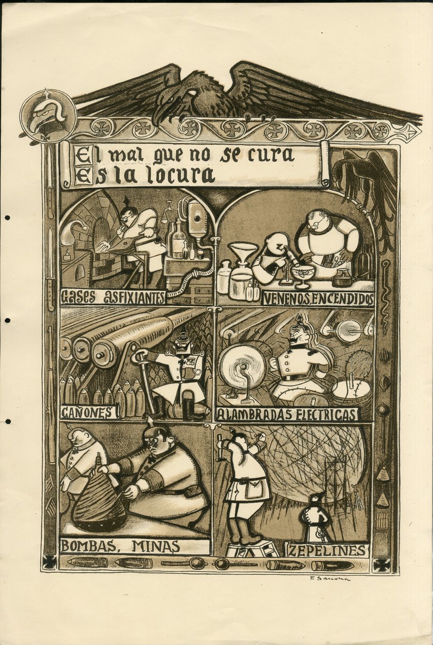 Illustration von Francisco Sancha Lengo (1874-1936) - Fliegendes Blatt, circa 1915 - El mal que no se cura es la locura - Krieg von 14-18, Deutschland Preußen, Erstickungsgas, Spanische Sprache, Ausländische Presse von Francisco Sancha y Lengo