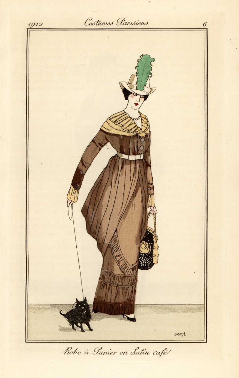Frau im Panierkleid aus kaffeefarbenem Satin mit Schoßhund, Radierung aus Tommaso Antonginis Journal des Dames et des Modes, Aux Bureaux du Journal des Dames, Paris von Francesc Xavier Gosé