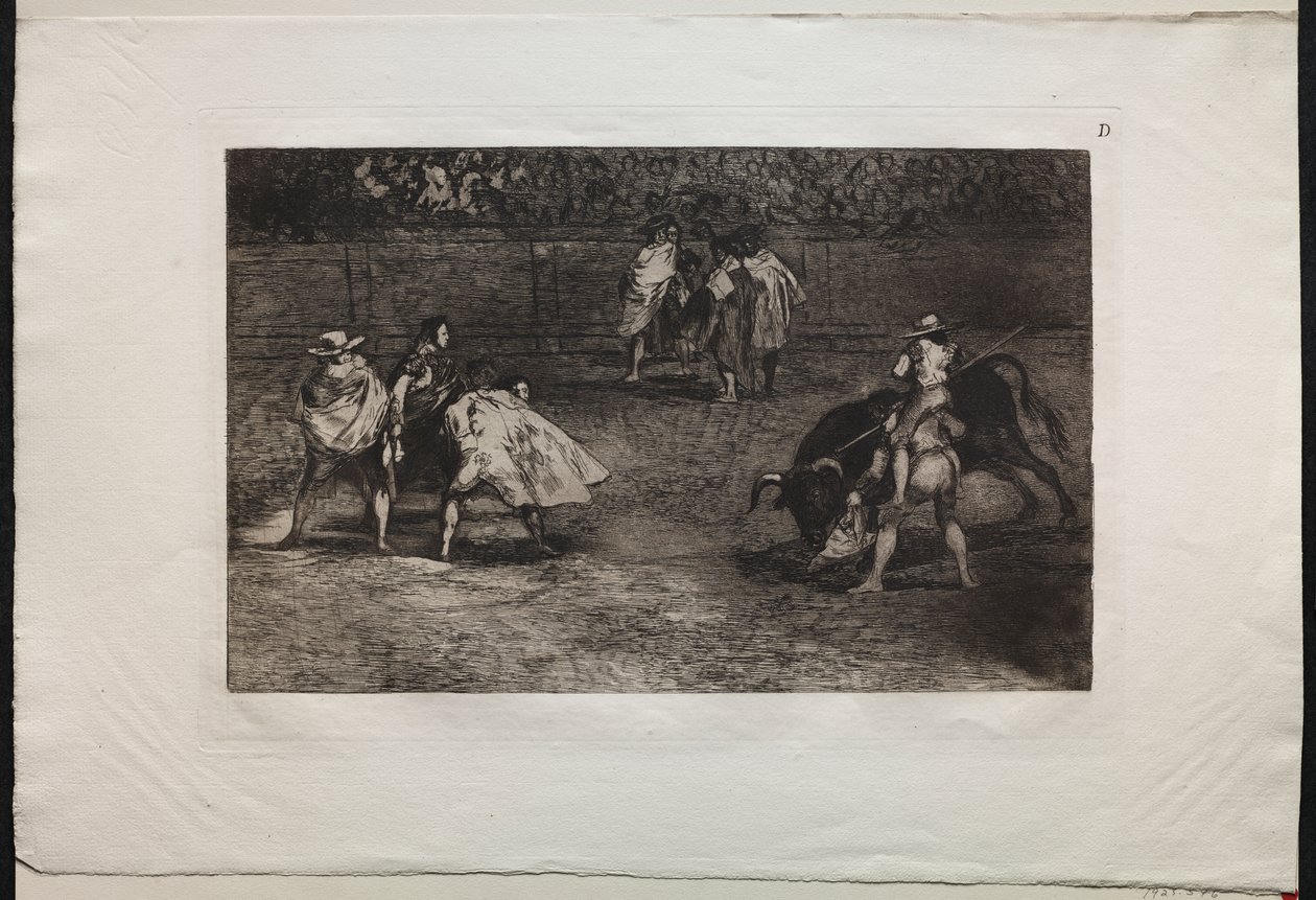 Stierkämpfe: Ein Stierkämpfer auf den Schultern eines Assistenten, der einen Stier mit einer Lanze sticht von Francisco de Goya
