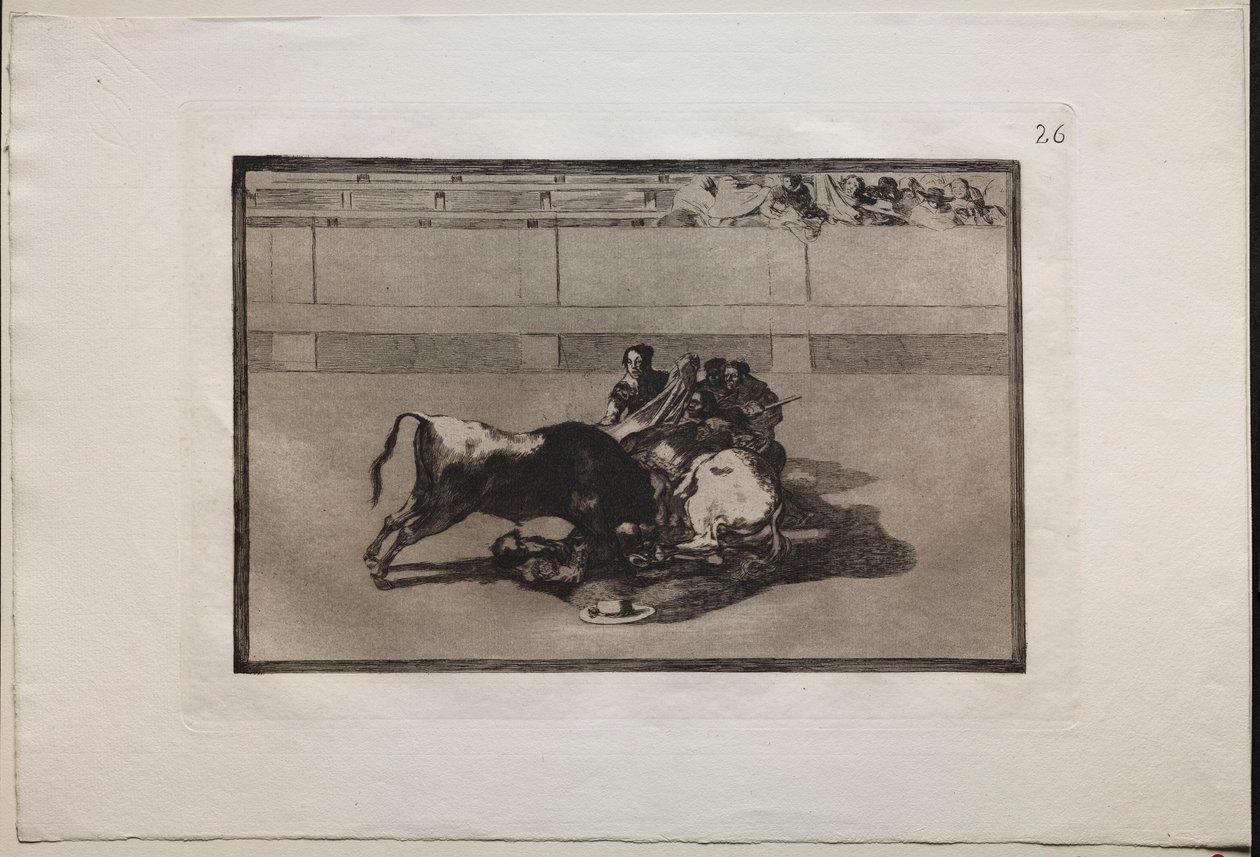 Stierkämpfe: Ein Picador wird abgeworfen und fällt unter den Stier, 1876 von Francisco de Goya
