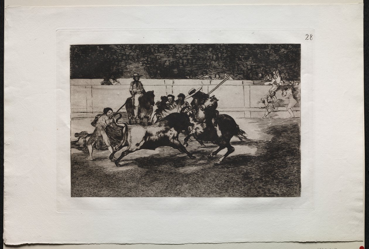 Stierkämpfe: Der kraftvolle Rendon sticht einen Stier mit der Lanze, an der er in der Arena in Madrid starb von Francisco de Goya