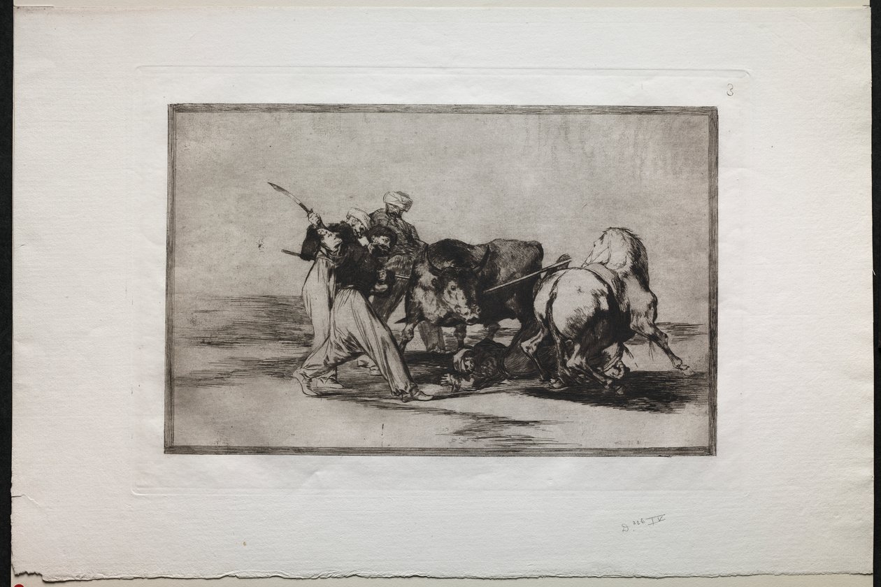 Stierkämpfe: Die Mauren siedelten sich in Spanien an, gaben die Aberglauben des Korans auf, übernahmen diese Jagdkunst und spießten einen Stier auf freiem Feld auf von Francisco de Goya
