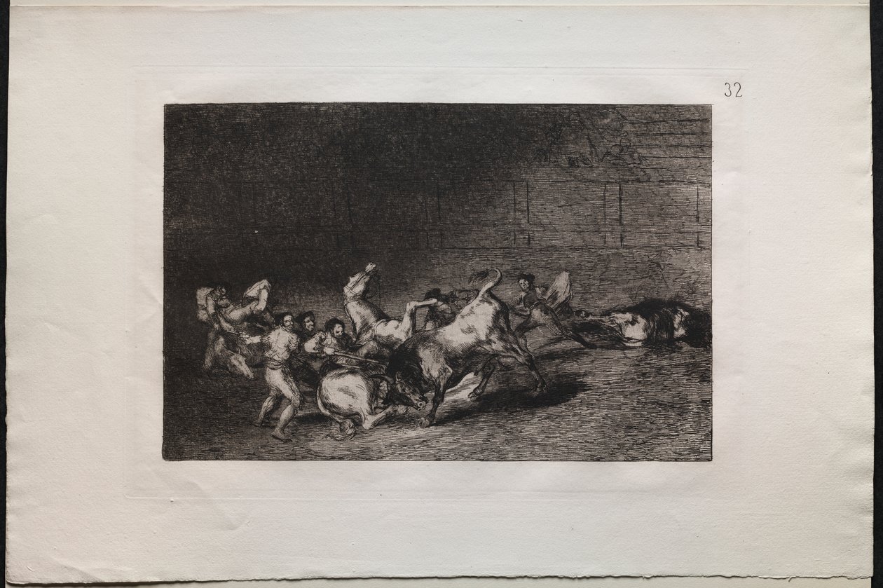 Stierkämpfe: Zwei Teams von Picadors werden nacheinander von einem einzigen Stier geworfen von Francisco de Goya