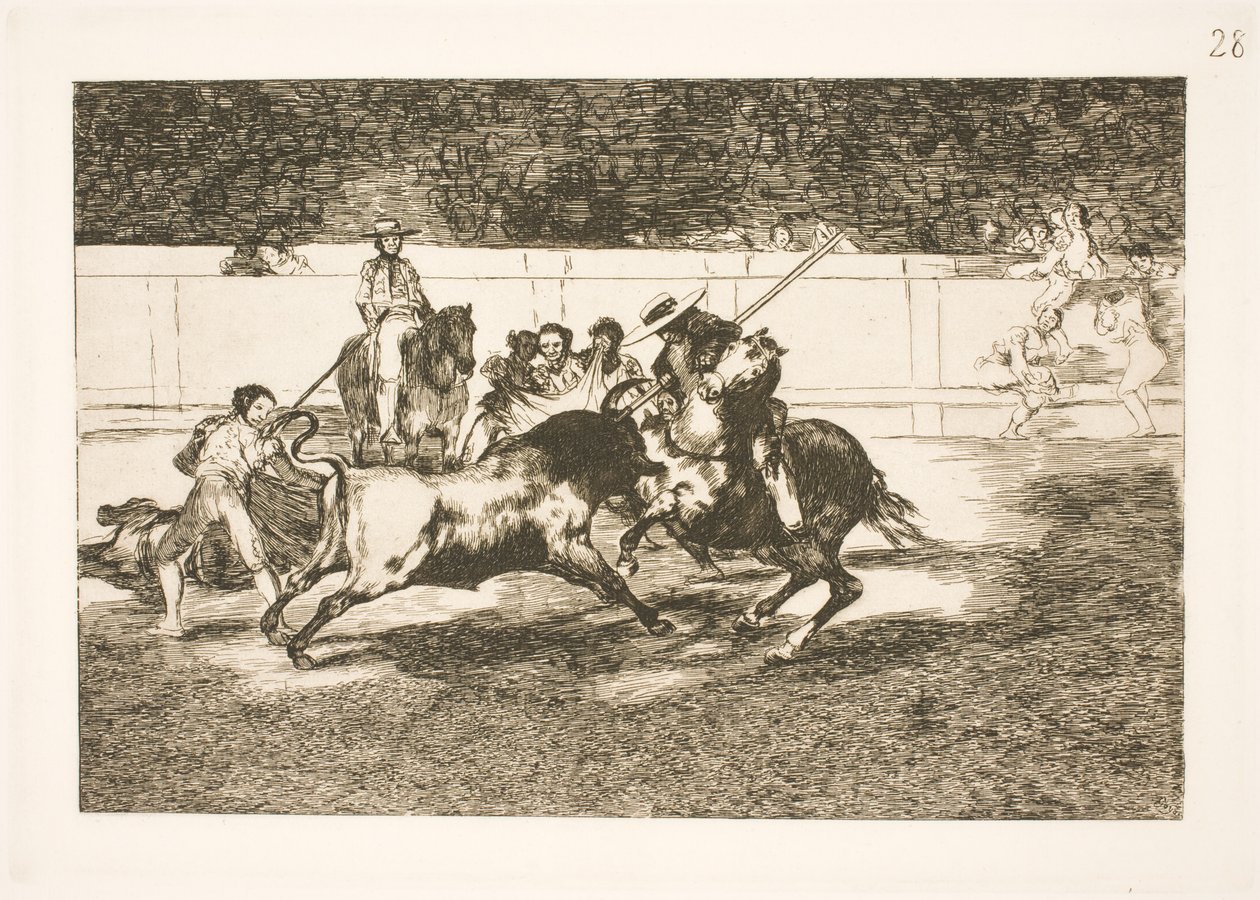 Der kraftvolle Rendon sticht einen Stier mit der Lanze, das Ereignis, das zu seinem Tod in der Arena von Madrid führte von Francisco de Goya