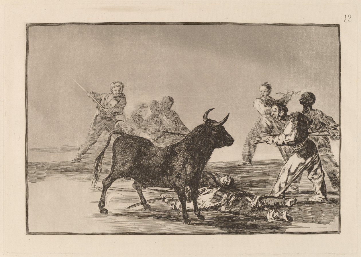 Das Gesindel lähmt den Stier mit Lanzen, Sicheln, Banderillas und anderen Waffen von Francisco de Goya
