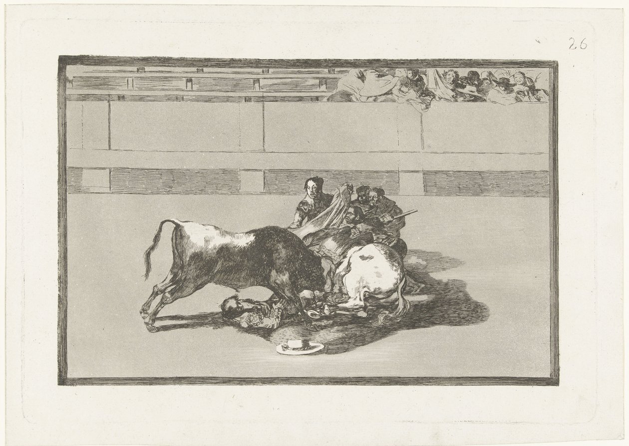 Ein Picador ist von seinem Pferd gestürzt und liegt unter dem Stier (Serientitel) von Francisco de Goya
