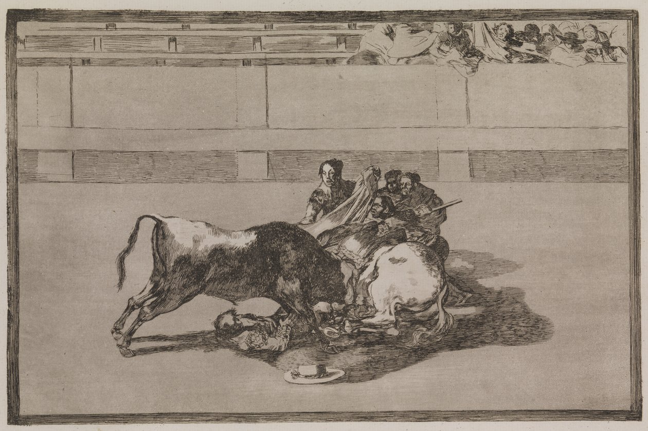 Ein Picador wird vom Pferd geworfen und stürzt unter den Stier von Francisco de Goya