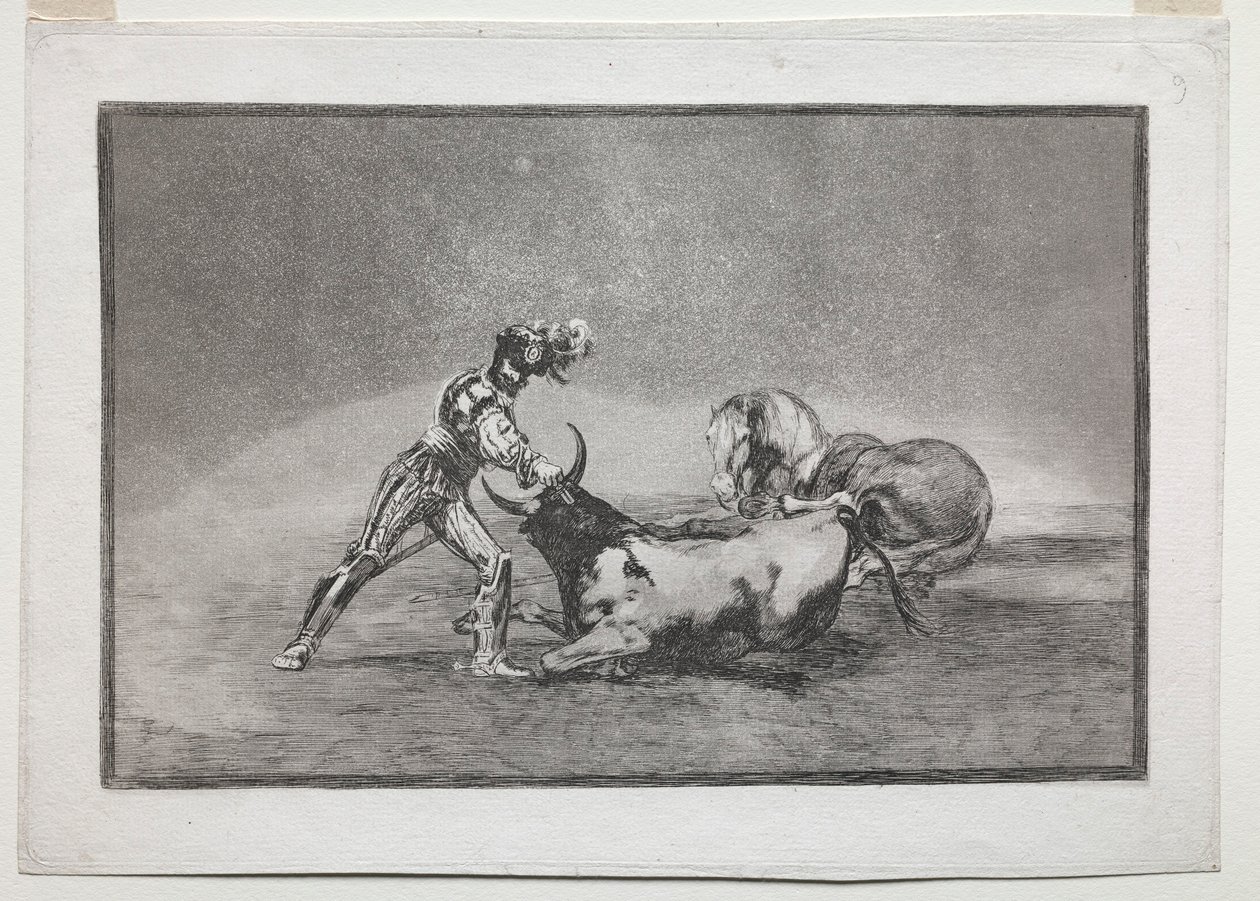 La Tauramaquia: Ein spanischer Ritter tötet den Stier, nachdem er sein Pferd verloren hat, 1815-1816 von Francisco de Goya