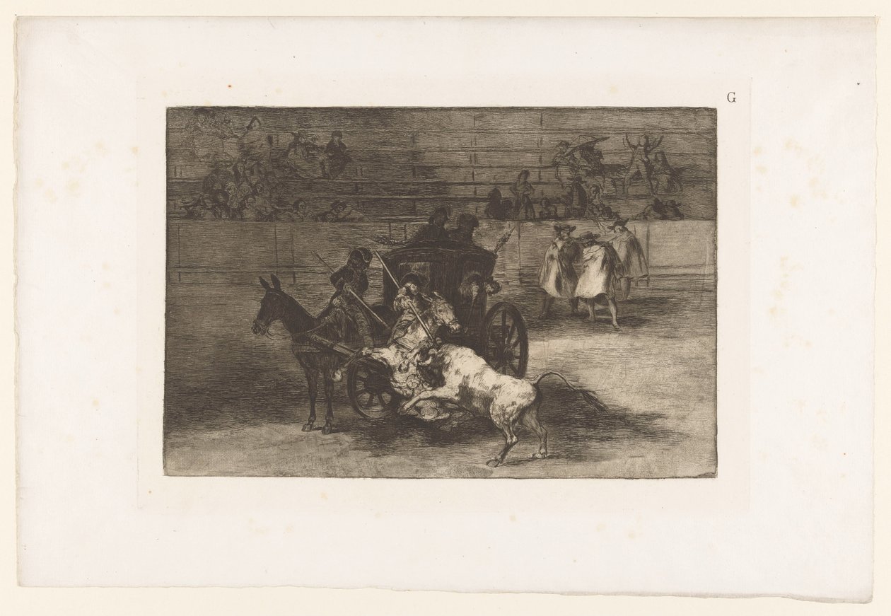 Männer greifen einen Stier von einem Wagen aus an (Stierengevechten, La Taureaumachie, La Tauromaquia) von Francisco de Goya