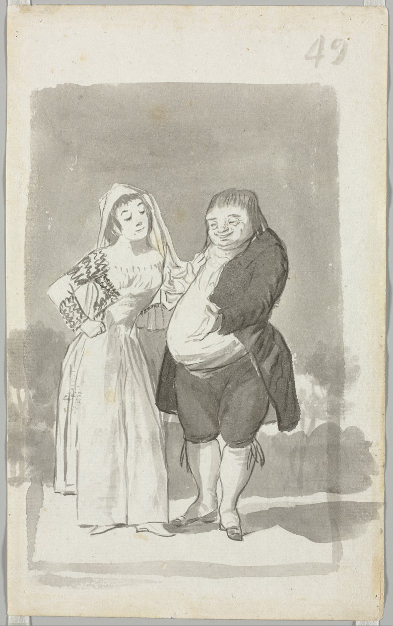 Prostituierte, die einen dicken, hässlichen Mann anwirbt (recto) von Francisco de Goya