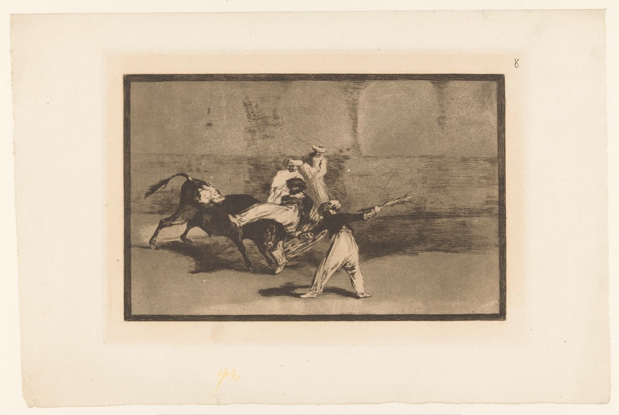 Stier wordt gegrepen door stierenvechters von Francisco de Goya