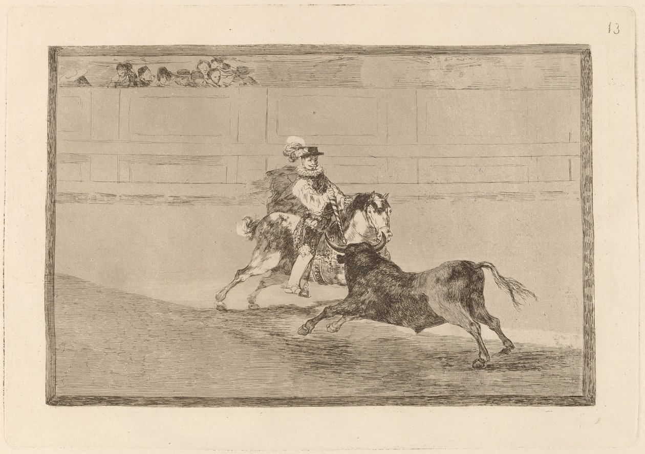 Ein spanischer Ritter in der Arena bricht kurze Speere ohne die Hilfe von Assistenten von Francisco de Goya