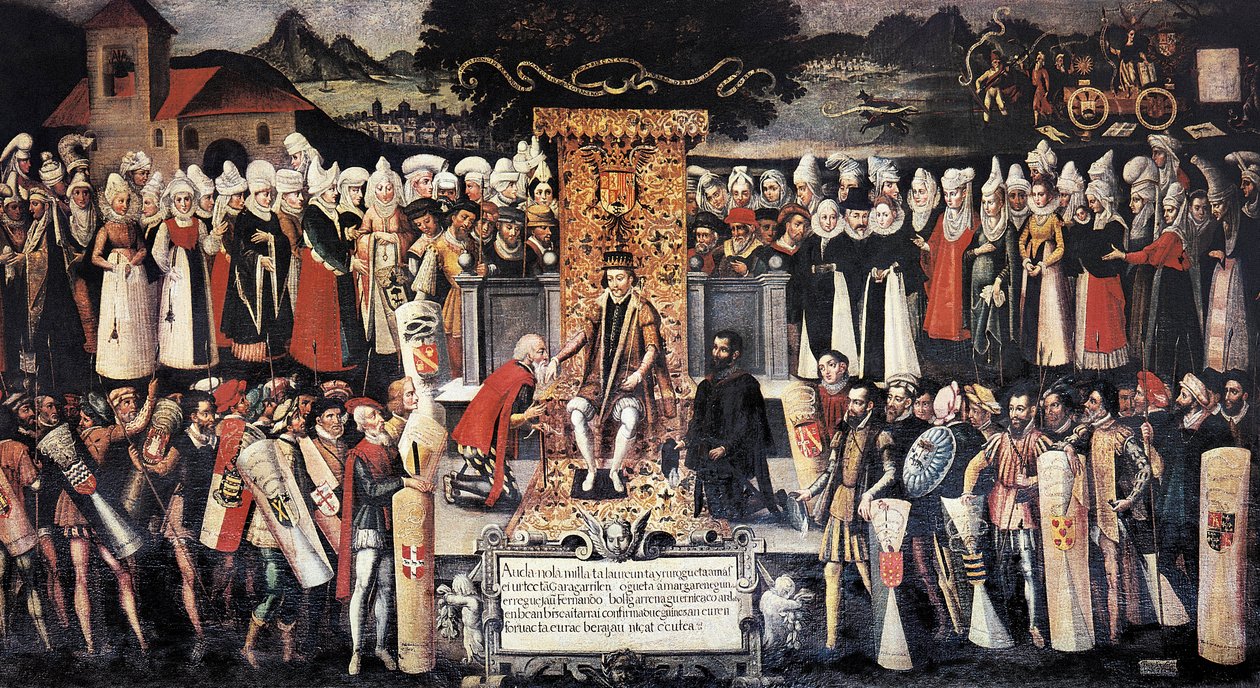 Zeremonie des Handkusses nach der Erklärung der Privilegien durch König Ferdinand den Katholischen (1452-1516). Gemälde von Francisco de Mendieta Y Retes (16. Jahrhundert). Spanien, Guernica. Haus der Juntas. von Francisco de Mendieta y Retes