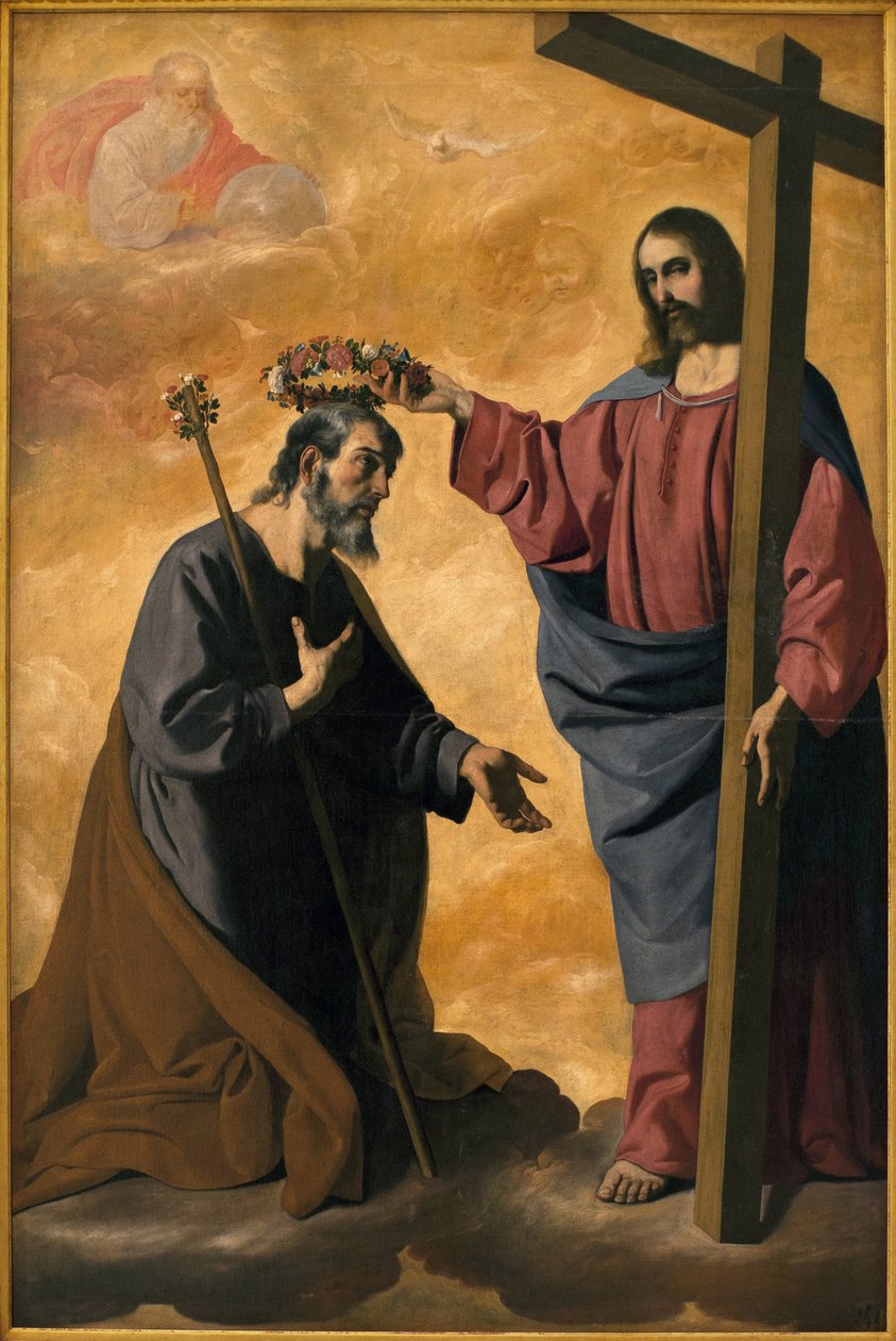 Christus krönt den heiligen Joseph. Gemälde von Francisco de Zurbarán, ca. 1640. Museum der Schönen Künste von Sevilla, Spanien von Francisco de Zurbaran