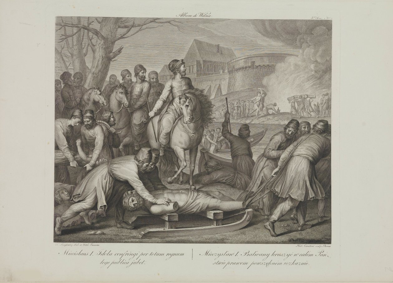 Die Zerstörung der heidnischen Götter durch Mieszko I. von Polen von Smuglewicz, Franciszek (1745-1807). Lithographie, Ende des 18. Jahrhunderts. Private Sammlung von Franciszek Smuglewicz