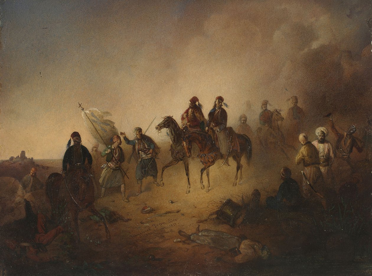 Markos Botsaris in der Schlacht von Karpenisi, in der Nacht des 8. August 1823, 1852 von Franciszek Tomasz Tepa