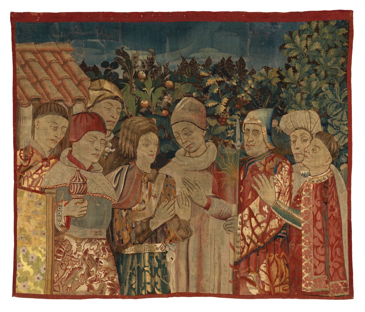 Unidentifiziertes Wandteppichfragment mit acht Figuren, möglicherweise eine Disputation, 2. Hälfte des 15. Jahrhunderts (Wolle) von Franco Flemish School