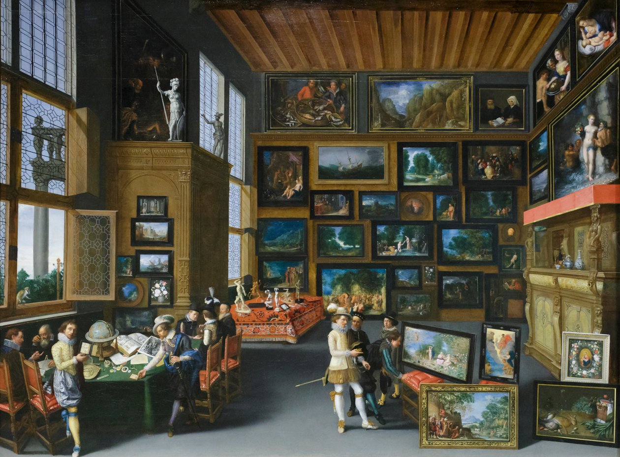 Kenner in einem mit Bildern behangenen Raum von Franco Flemish School