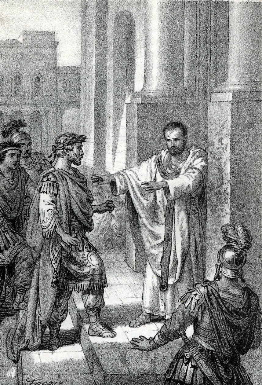 Der Erzbischof Heiliger Ambrosius von Mailand verbot dem römischen Kaiser Theodosius I den Eintritt in die Kirche, um ihn für das Massaker von Thessaloniki im Jahr 390 zu bestrafen - Exkommunikation von Franco Mistrali