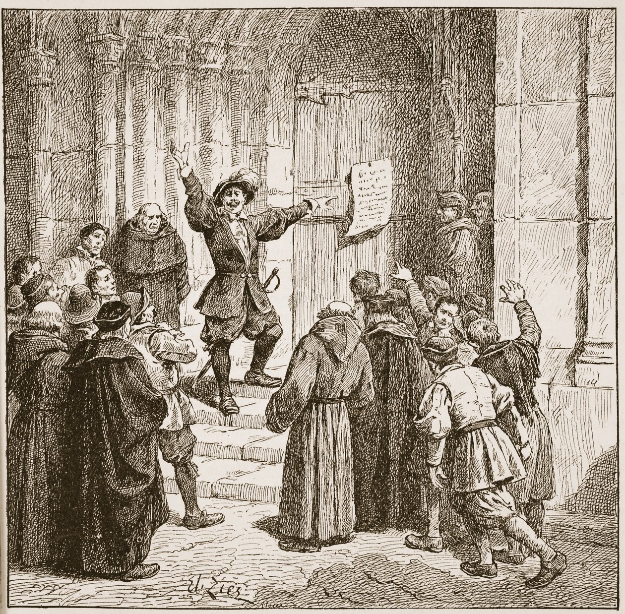 Aske befestigt seine Proklamation an der Tür der Kathedrale von York, Illustration aus 