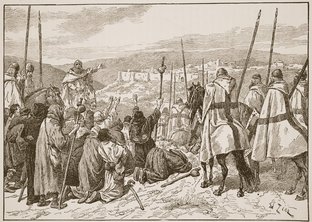 Pilger unter dem Schutz der Tempelritter, in Sichtweite von Jerusalem, Illustration aus 