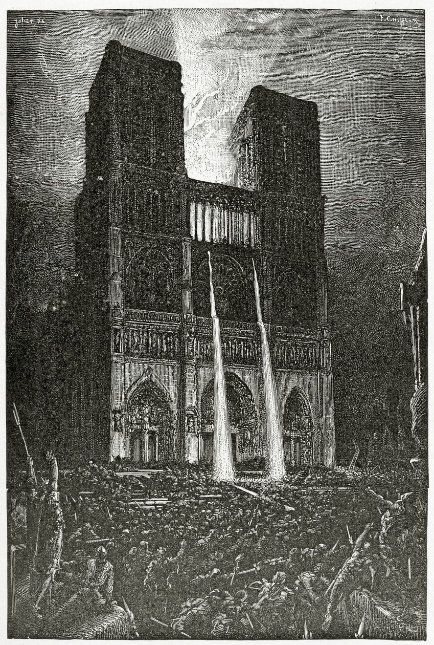 Quasimodo gießt kochendes Öl auf die Armee von Schurken, die versuchen, Esmeralda zu retten - Illustration aus Notre Dame de Paris, 19. Jahrhundert von Francois Nicolas Chifflart