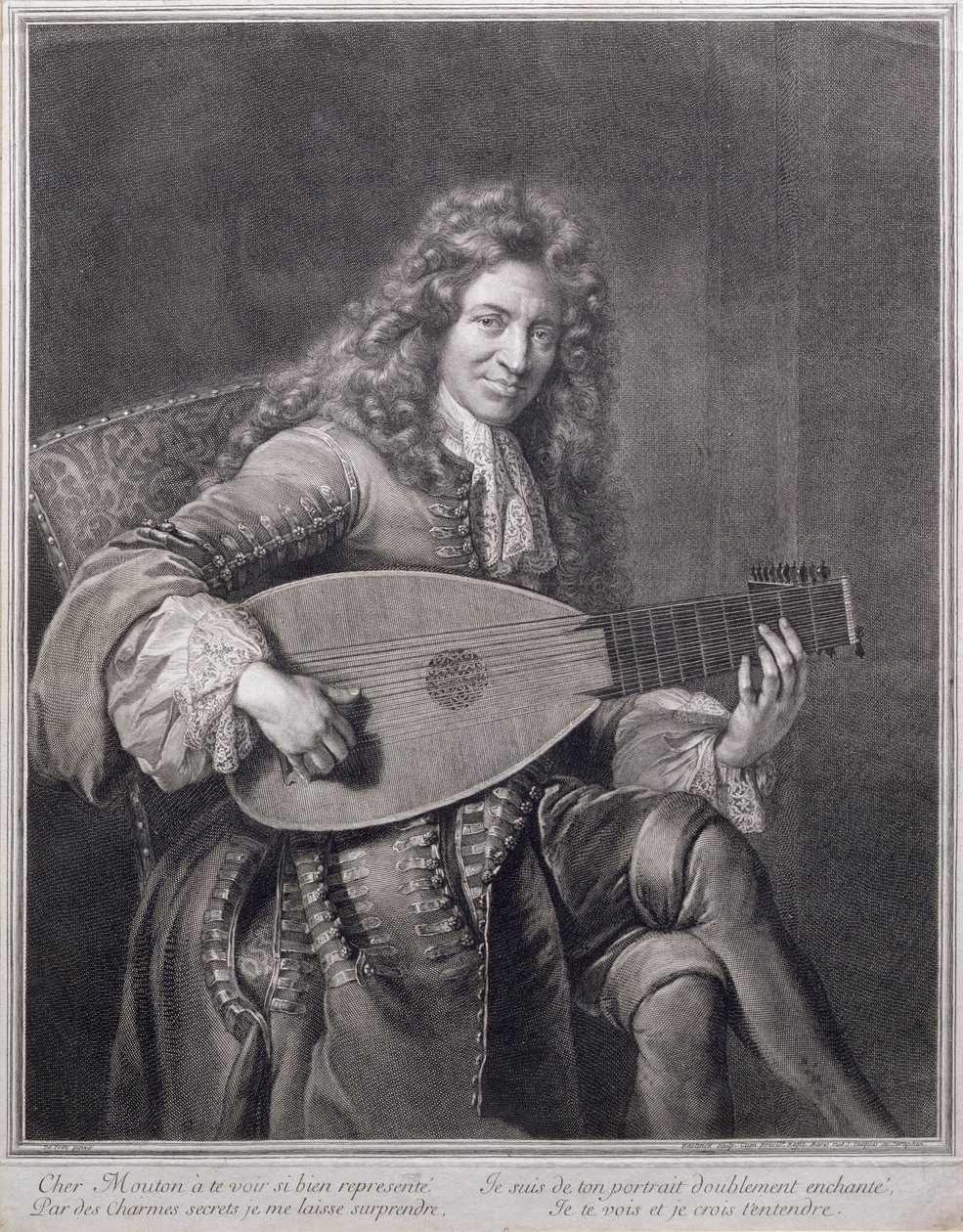 Porträt von Mouton, der Laute spielt, graviert von Gerard Edelinck (1640-1707) von Jean François de Troy
