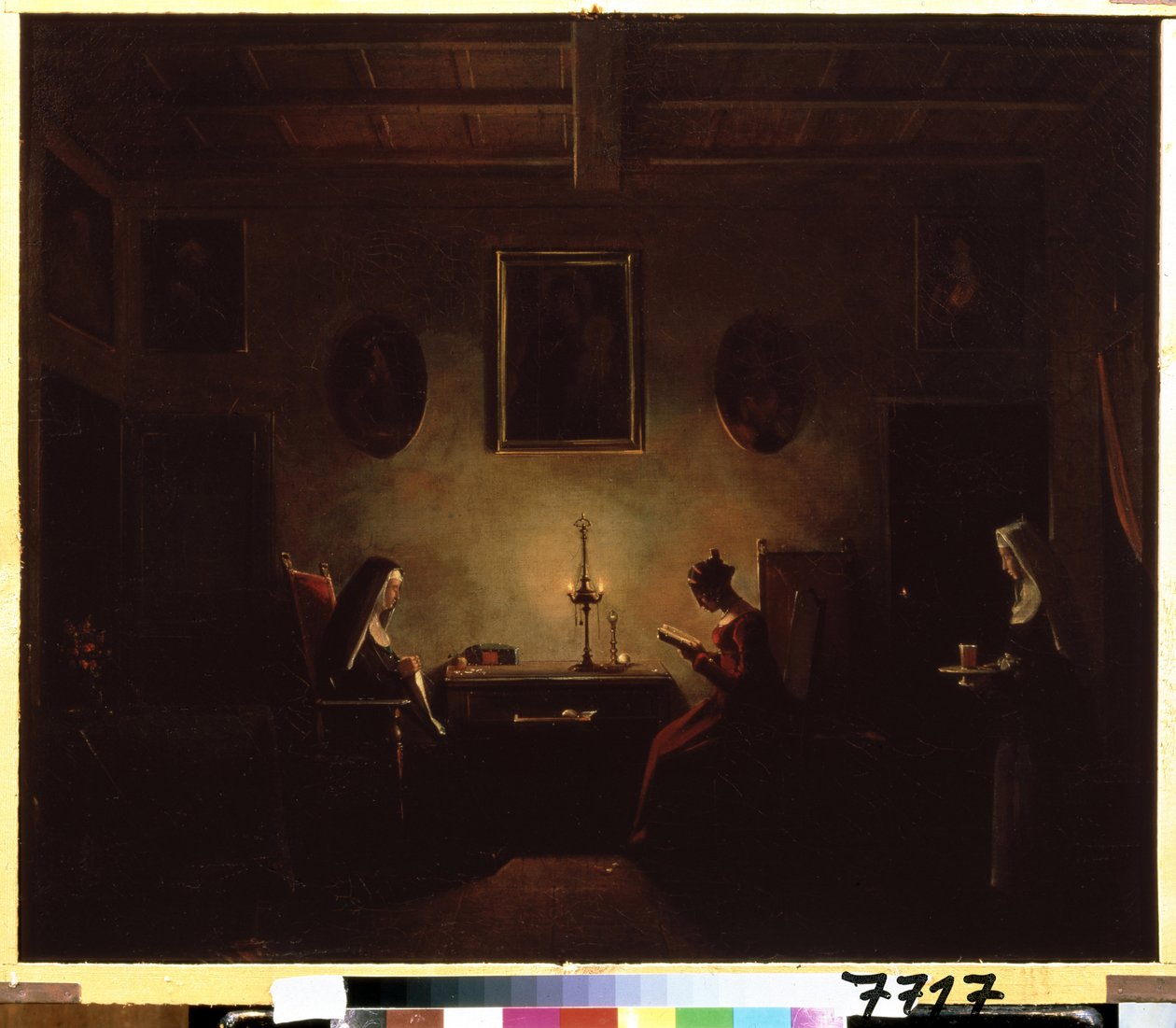 Interieur. Szene in einem Kloster, ein Mädchen liest bei Kerzenlicht, zwei Nonnen sind im Raum. von Francois Marius Granet