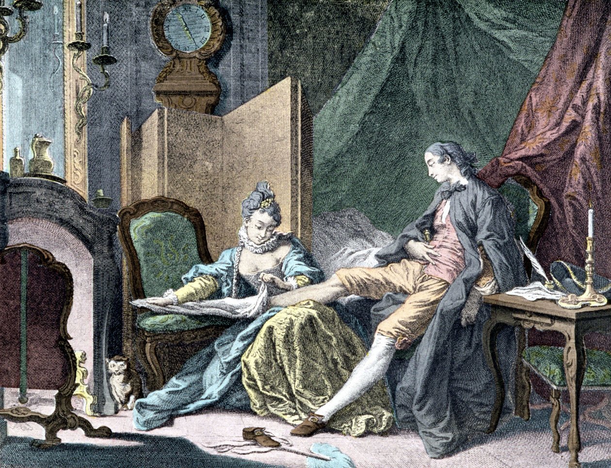 La Courtesan amoureuse: Frau entfernt den unteren Teil eines Mannes - Gravur von ap. Butcher von Francois (after) Boucher