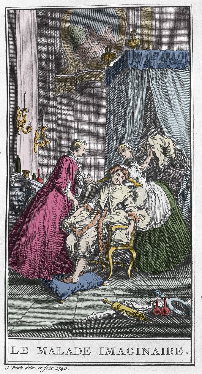 Der eingebildete Kranke. Theaterstück von Jean Baptiste Poquelin dit Moliere (1622-1673). Gravur in „Le malade imaginaire“ von T. de Mare nach Boucher von Francois (after) Boucher