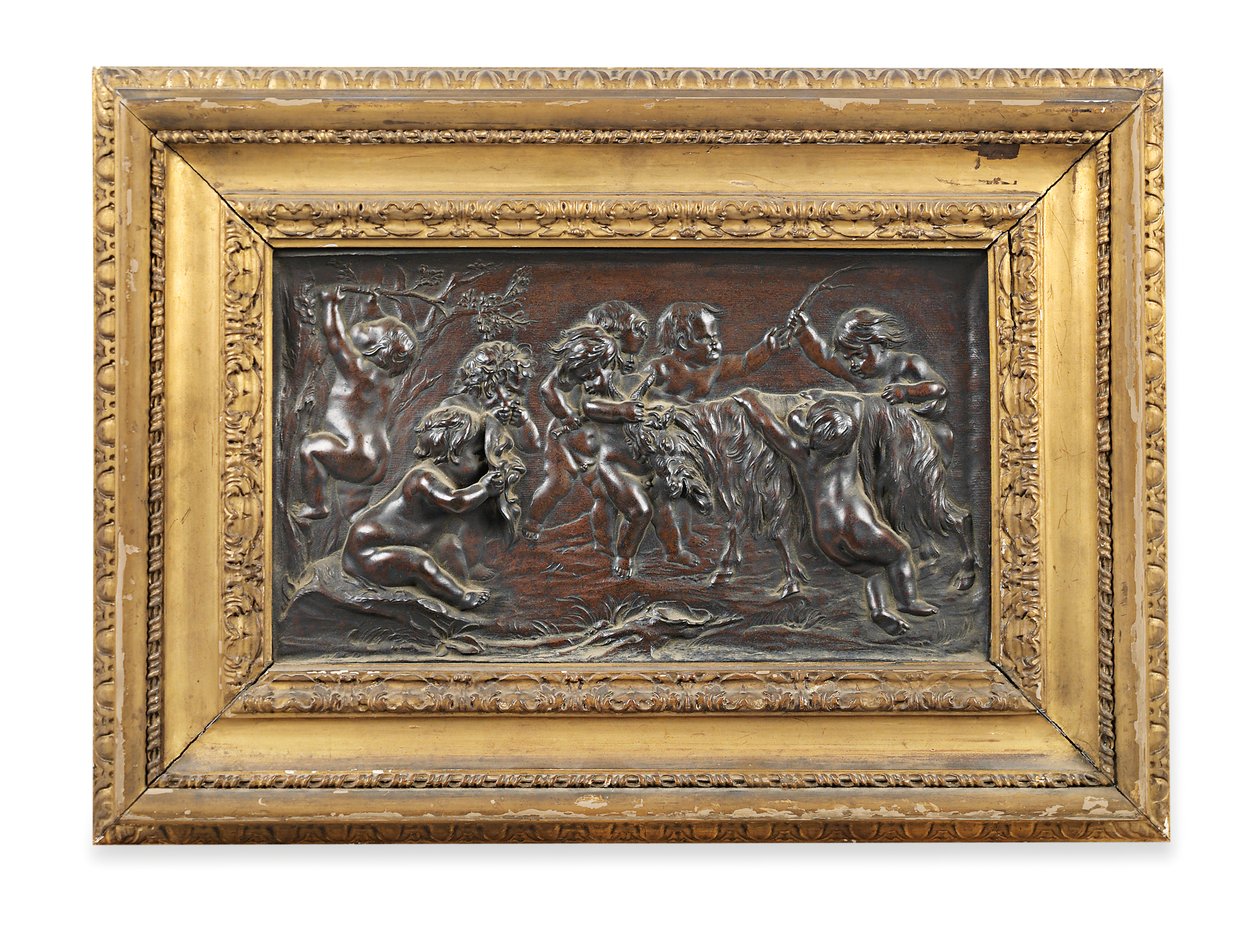 Rechteckiges Bronze-Relief von bacchantischen Kindern, die mit einer Ziege spielen von Francois (after) Duquesnoy
