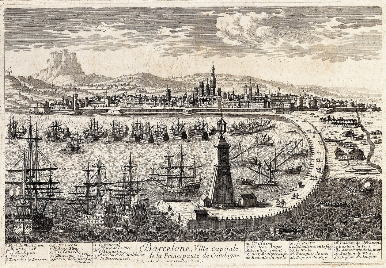 Ansicht der Stadt und des Hafens von Barcelona im 18. Jahrhundert. Gravur von Francois Antoine Aveline. Barcelona, Museu d