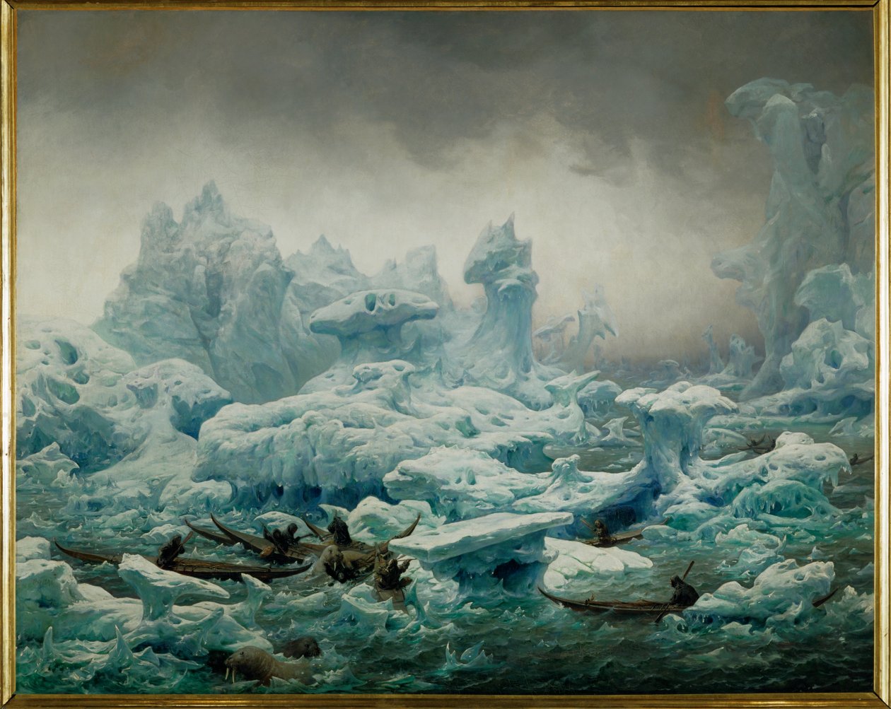 Ansicht des Polarmeeres, Grönländer bei der Walrossjagd von Francois Auguste Biard