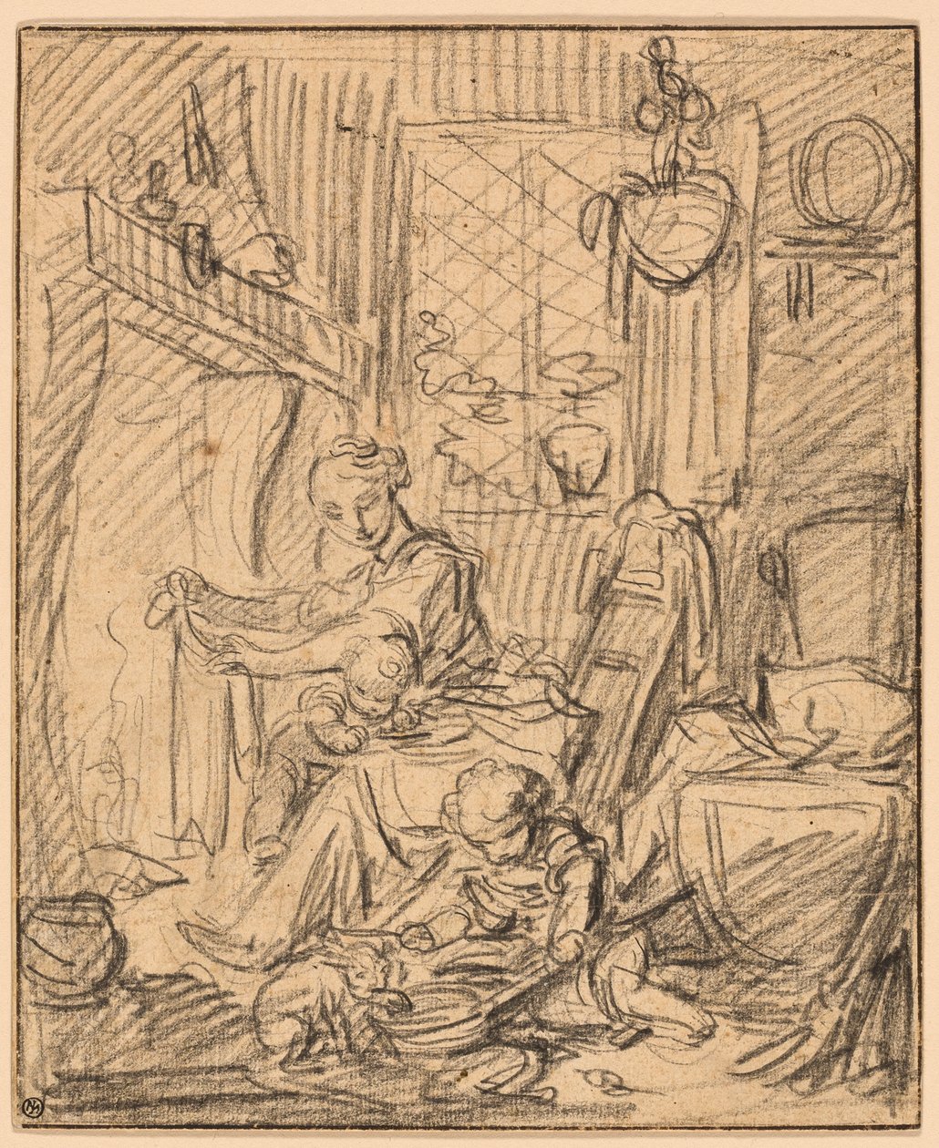 Heimatszene: Mutter mit zwei kleinen Kindern vor einem Kamin von François Boucher