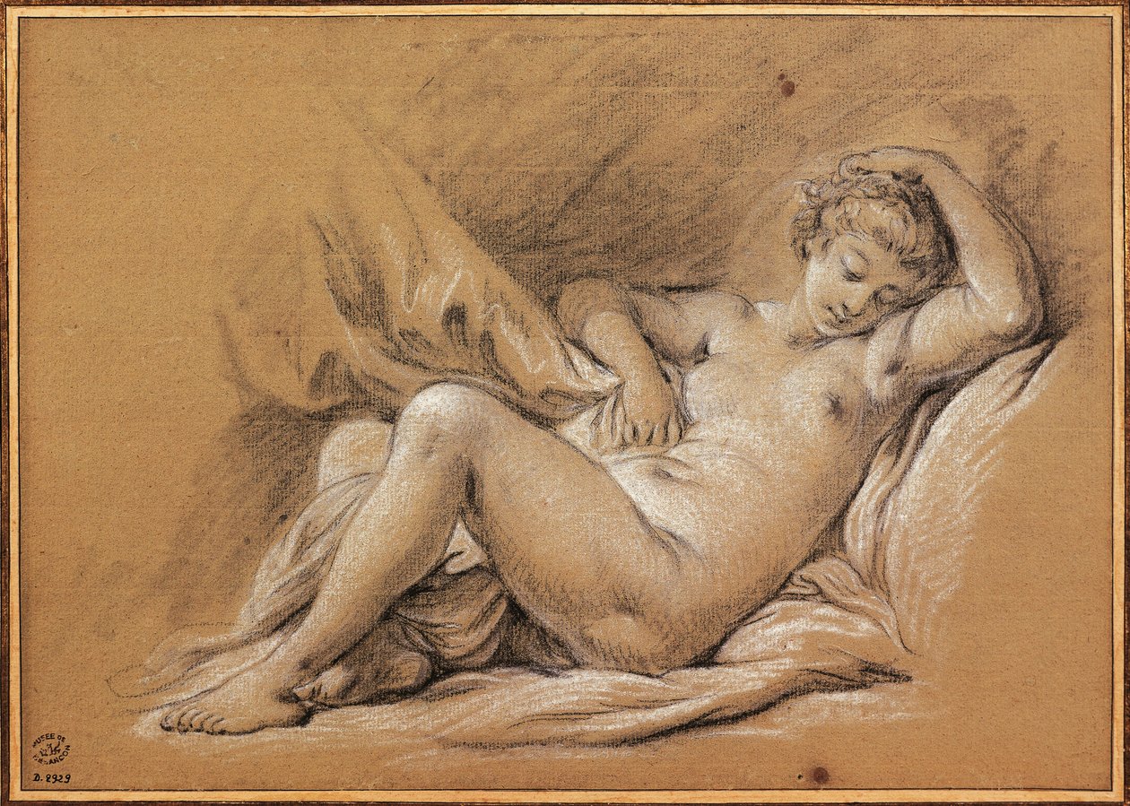 Frankreich, Chinoiserien, Zeichnung einer nackten Frau auf einem Bett von François Boucher