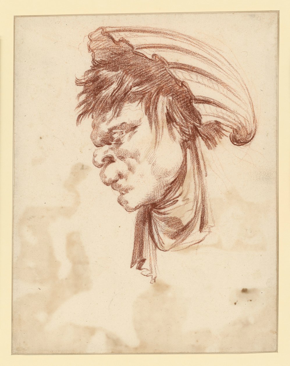 Grotesker Kopf im Profil nach links mit einer Muschel als Kopfbedeckung von François Boucher